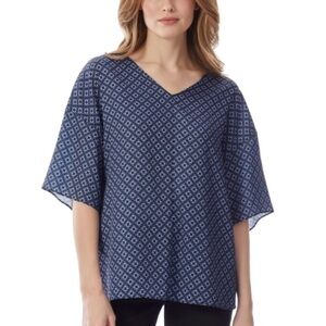 Jones New York V-Neck Black and Blue and Lilac Short Sleeve Blouse